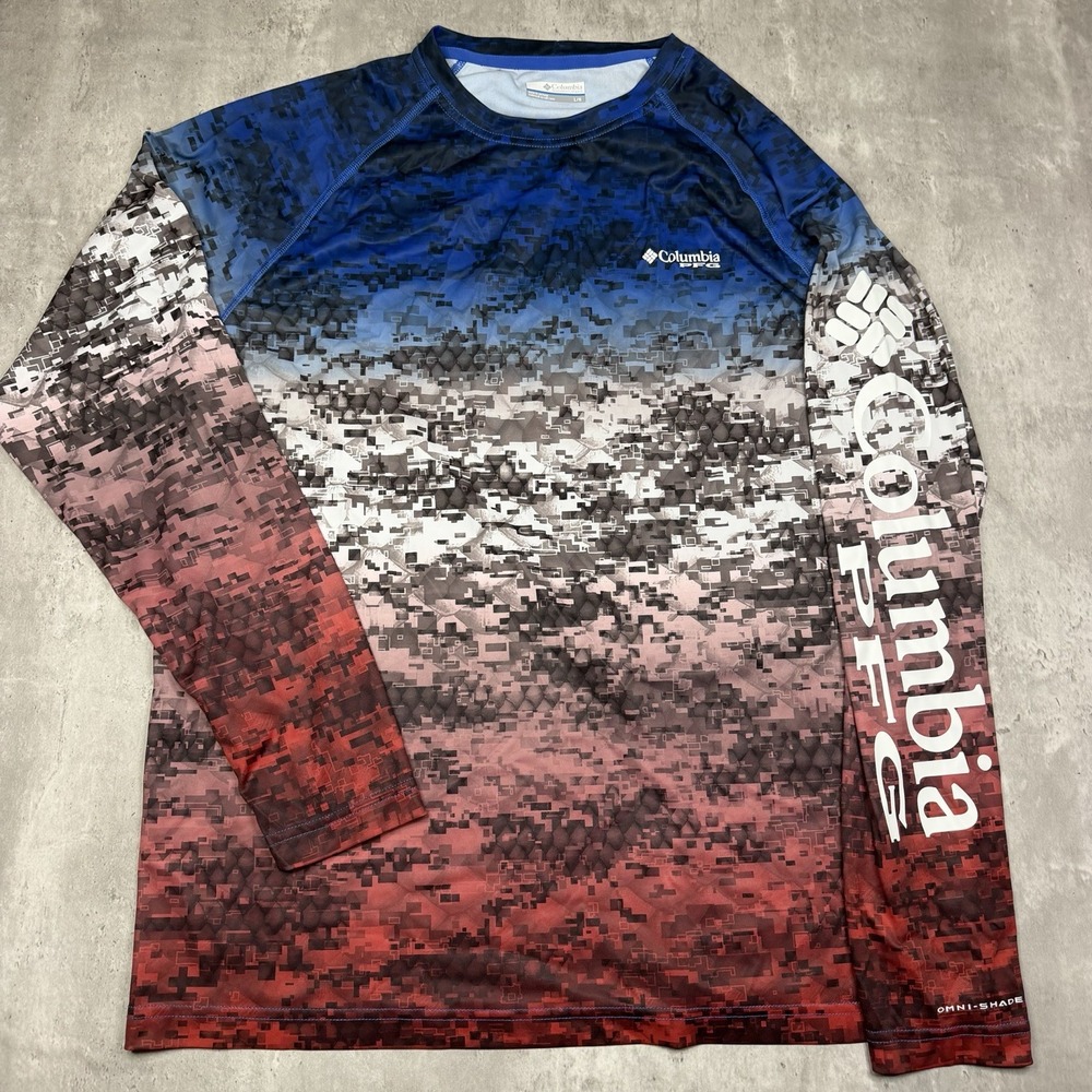 Columbia PFG Omni-shade Red White Blue Dri-fit Long-sleeve Shirt Men's L